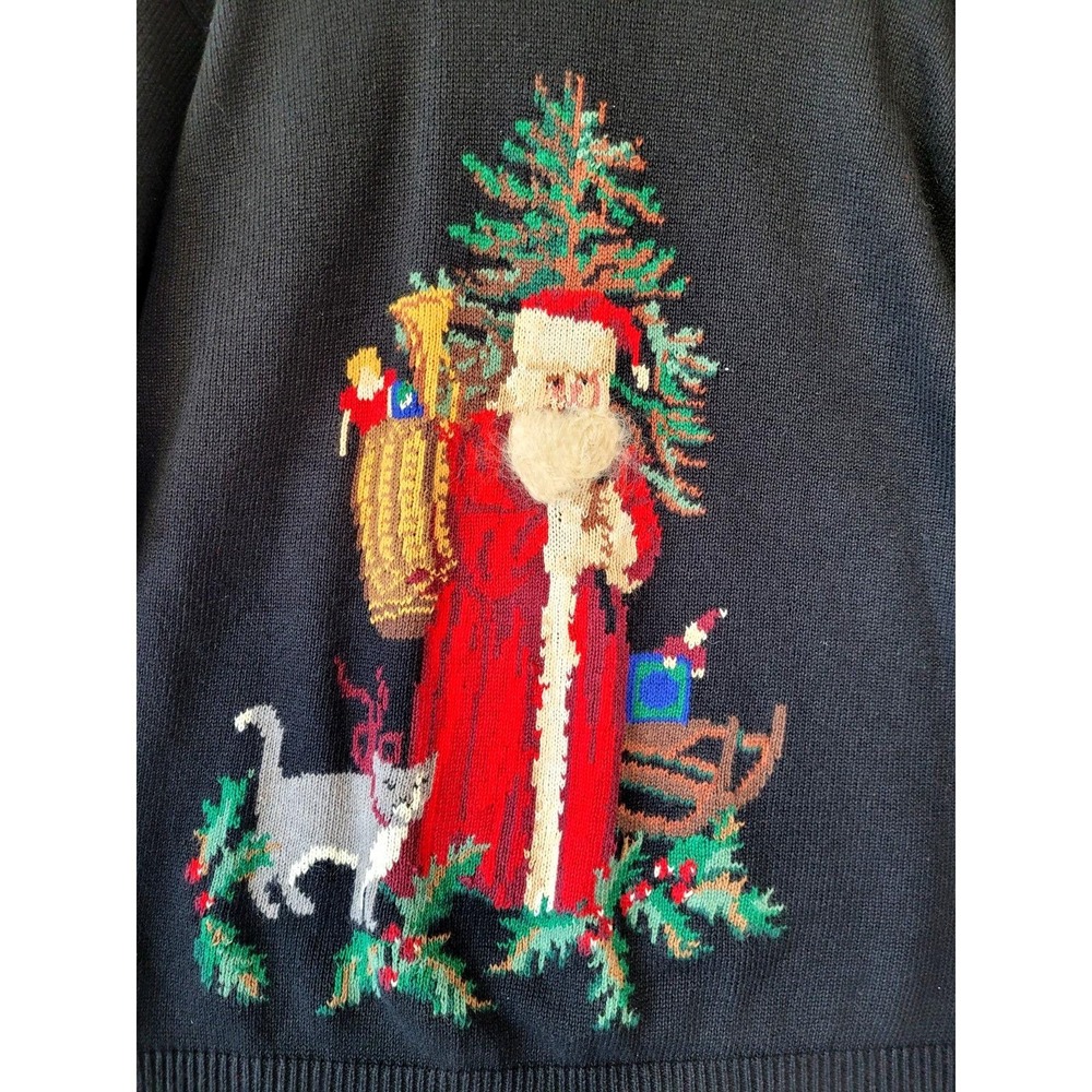 Vintage Susan Bristol Womens L Black Santa Cat Sweater Christmas Holiday